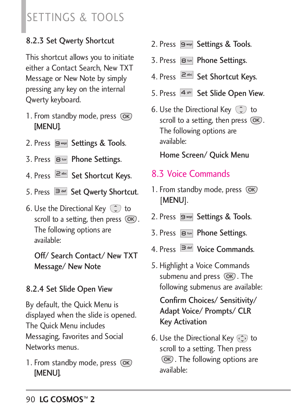 3 set qwerty shortcut, 4 set slide open view, 3 voice commands | 3 set qwerty shortcut 8.2.4 set slide open view, Settings & tools | LG LGVN251 User Manual | Page 92 / 292