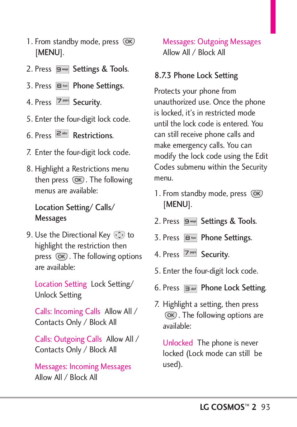 3 phone lock setting | LG LGVN251 User Manual | Page 95 / 292