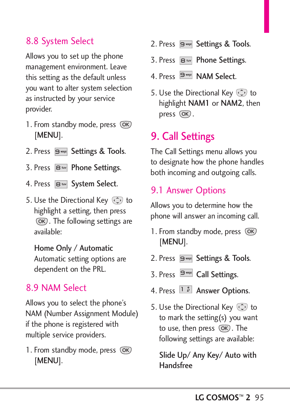 8 system select, 9 nam select, Call settings | 1 answer options | LG LGVN251 User Manual | Page 97 / 292