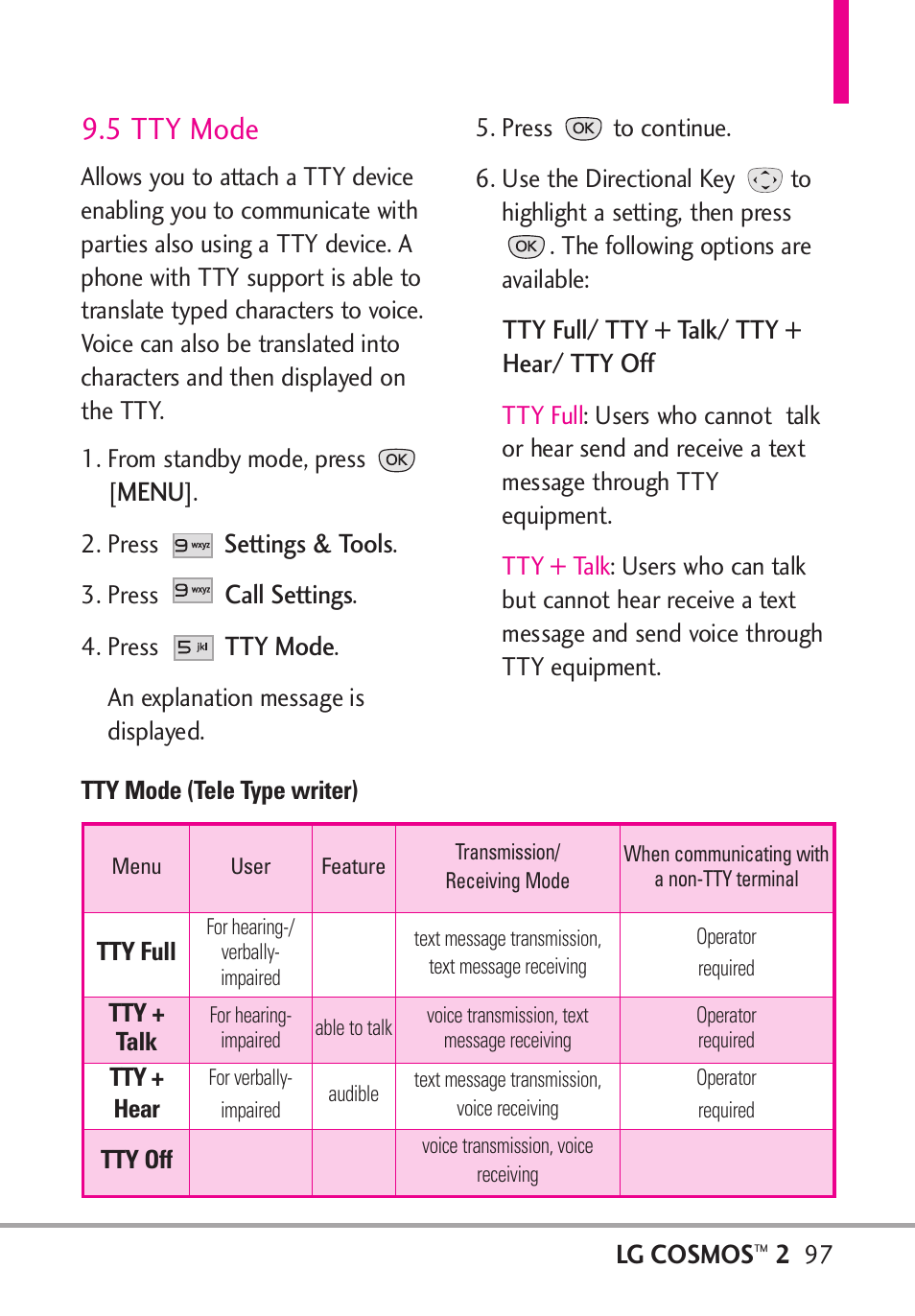 5 tty mode | LG LGVN251 User Manual | Page 99 / 292