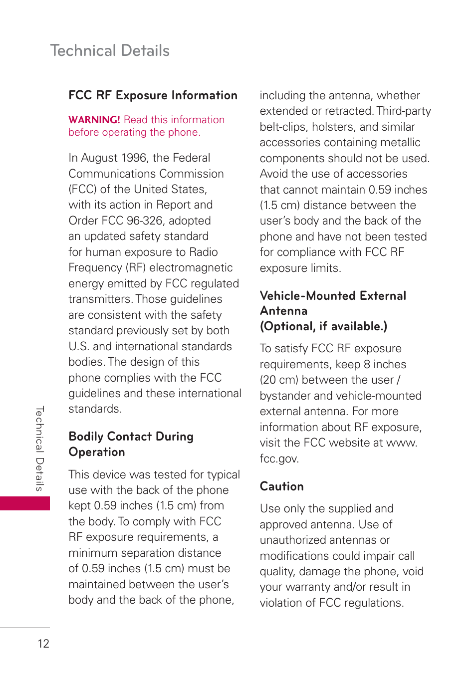 Fcc rf exposure information, Bodily contact during operation, Caution | Vehicle-mounted external antenna, Optional, if available.), Technical details | LG UN160 User Manual | Page 14 / 101