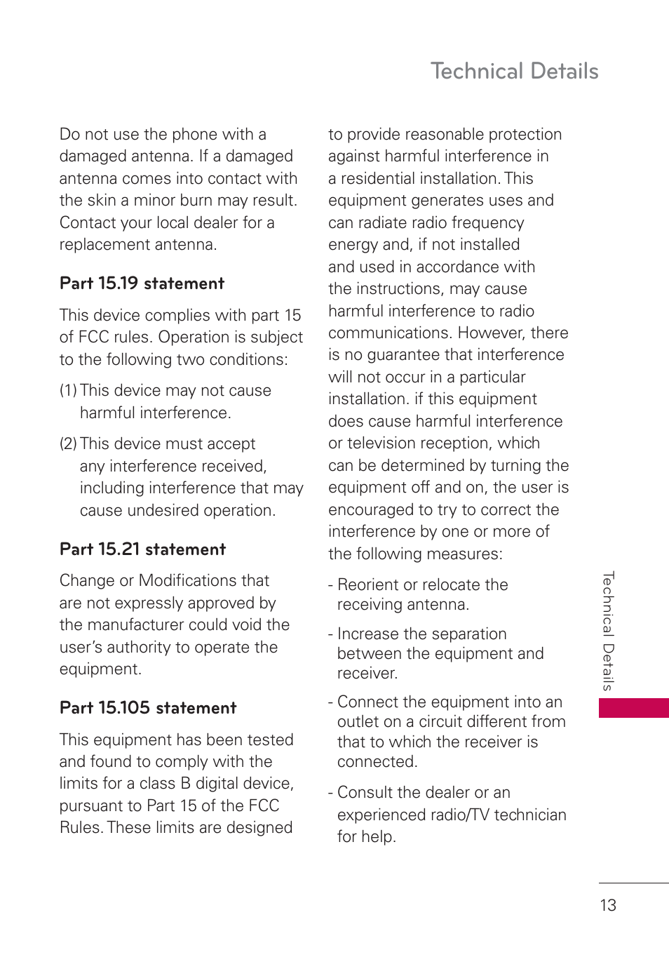 Part 15.19 statement, Part 15.21 statement, Part 15.105 statement | Technical details | LG UN160 User Manual | Page 15 / 101