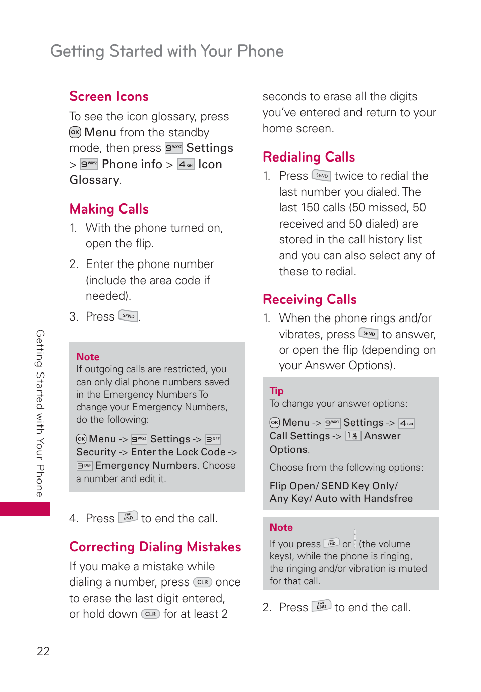 Screen icons, Making calls, Correcting dialing mistakes | Redialing calls, Receiving calls, Getting started with your phone | LG UN160 User Manual | Page 24 / 101