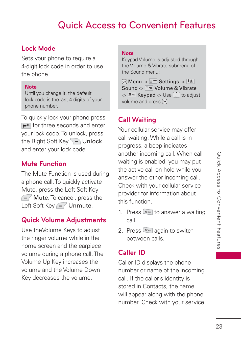 Quick access to convenient features, Lock mode, Mute function | Quick volume adjustments, Call waiting, Caller id, Quick access to convenient features 23 | LG UN160 User Manual | Page 25 / 101