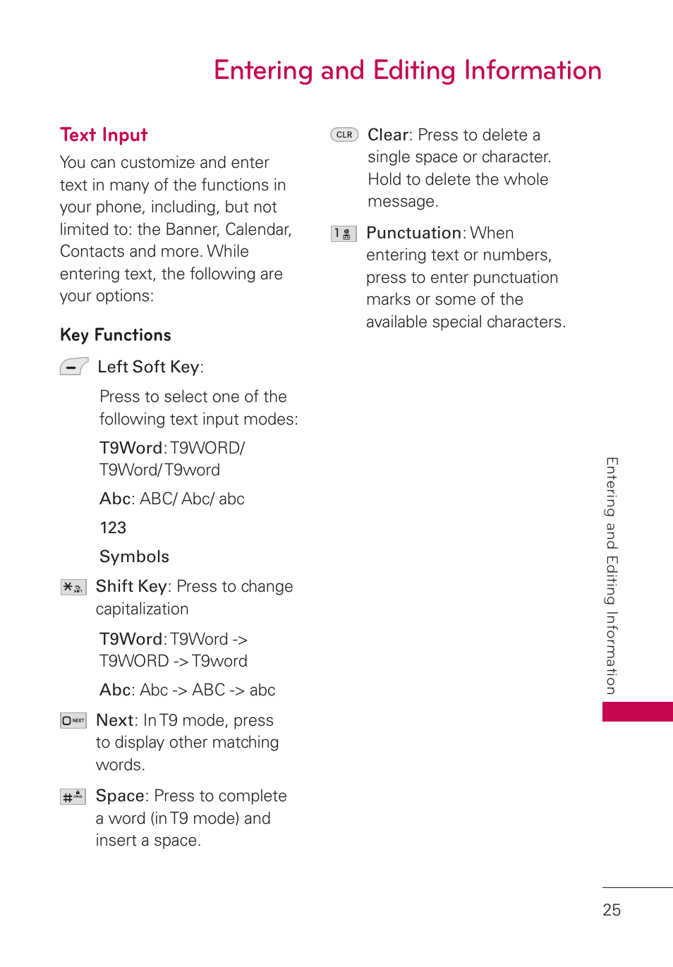 Entering and editing information, Text input, Key functions | Entering and editing information 25 | LG UN160 User Manual | Page 27 / 101