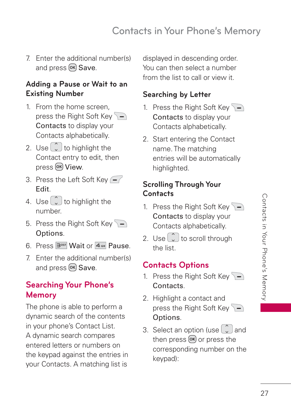 Adding a pause or wait to an existing number, Searching your phone’s memory, Searching by letter | Scrolling through your contacts, Contacts options, Adding a pause or wait to an existing, Number | LG UN160 User Manual | Page 29 / 101