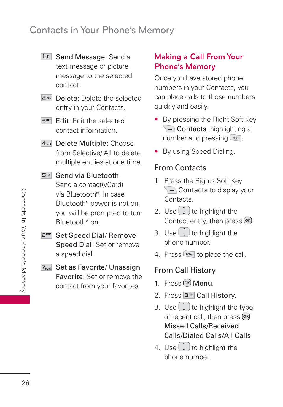 Making a call from your phone’s memory, Making a call from your phone’s, Memory | LG UN160 User Manual | Page 30 / 101