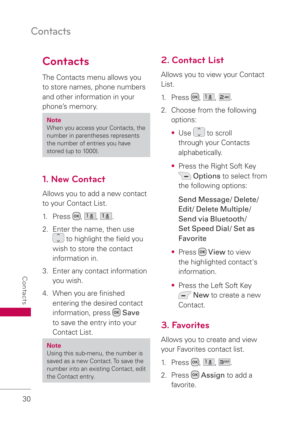 Contacts, New contact, Contact list | Favorites, Contacts 30 | LG UN160 User Manual | Page 32 / 101