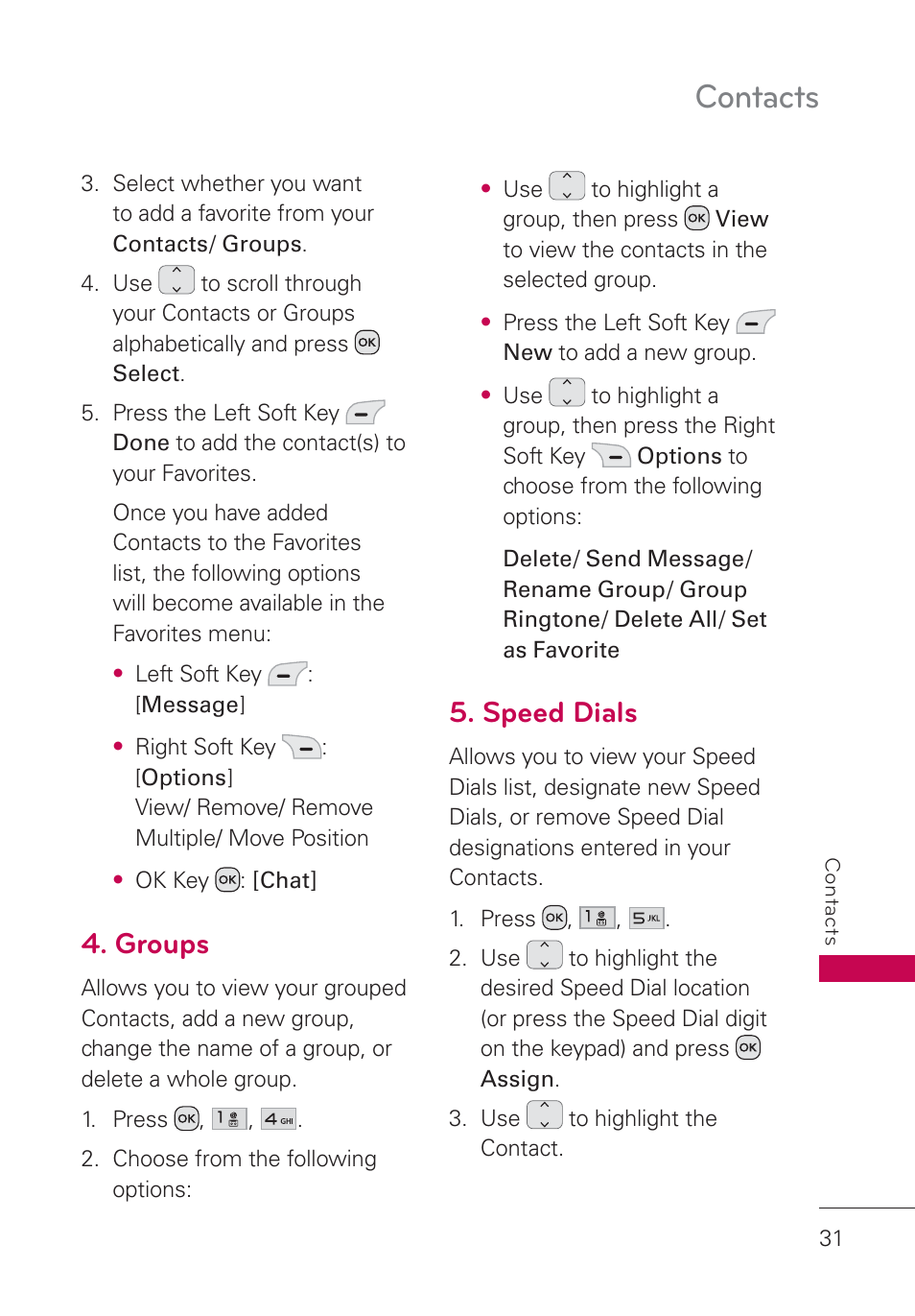 Groups, Speed dials, Contacts | LG UN160 User Manual | Page 33 / 101