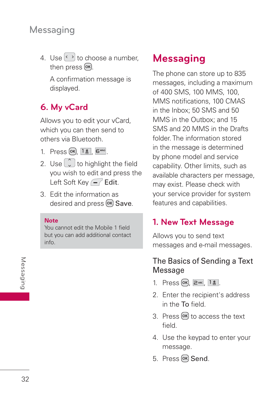 My vcard, Messaging, New text message | Messaging 32 | LG UN160 User Manual | Page 34 / 101