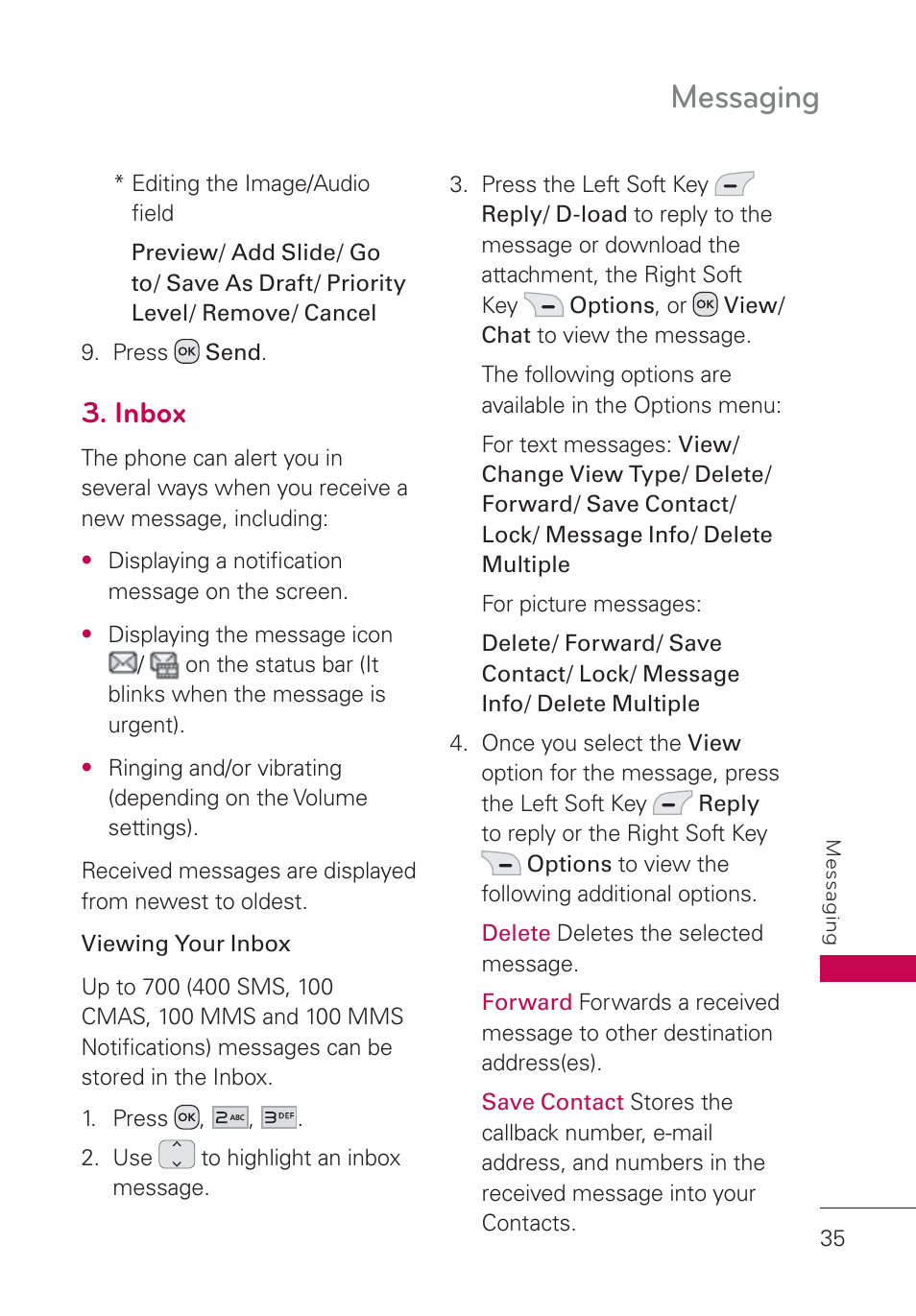 Inbox, Messaging | LG UN160 User Manual | Page 37 / 101