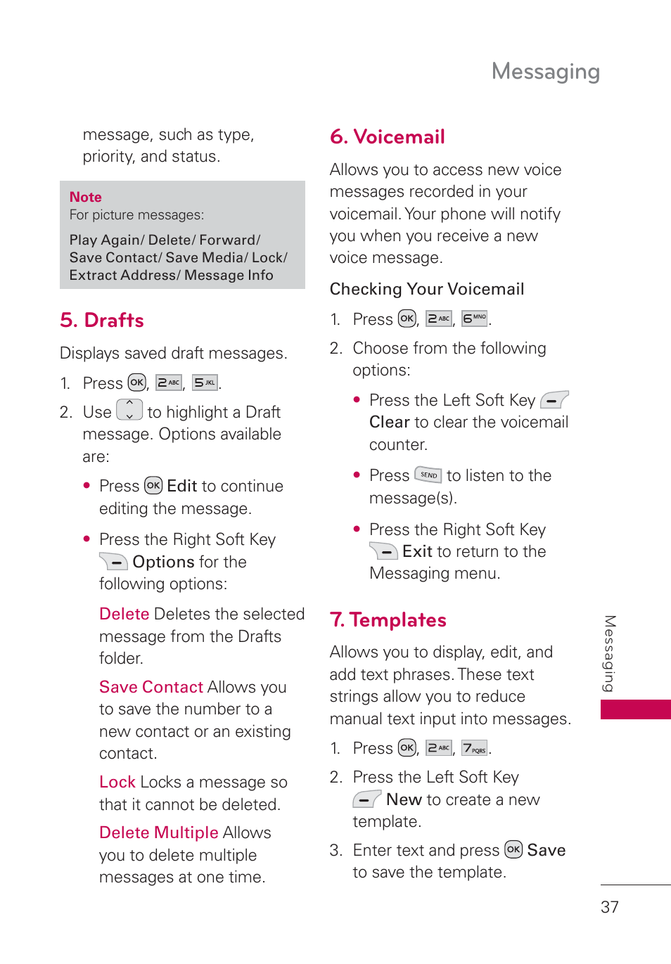 Drafts, Voicemail, Templates | Messaging | LG UN160 User Manual | Page 39 / 101