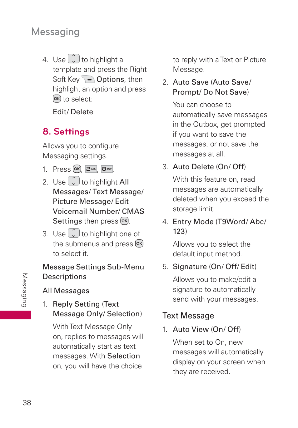 Settings, Messaging | LG UN160 User Manual | Page 40 / 101