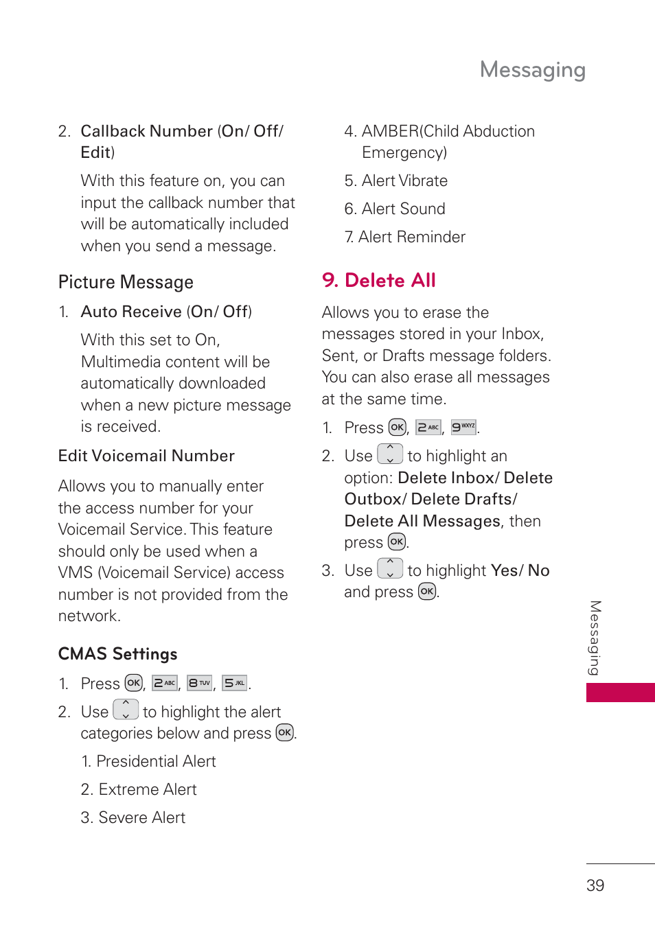 Delete all, Messaging | LG UN160 User Manual | Page 41 / 101