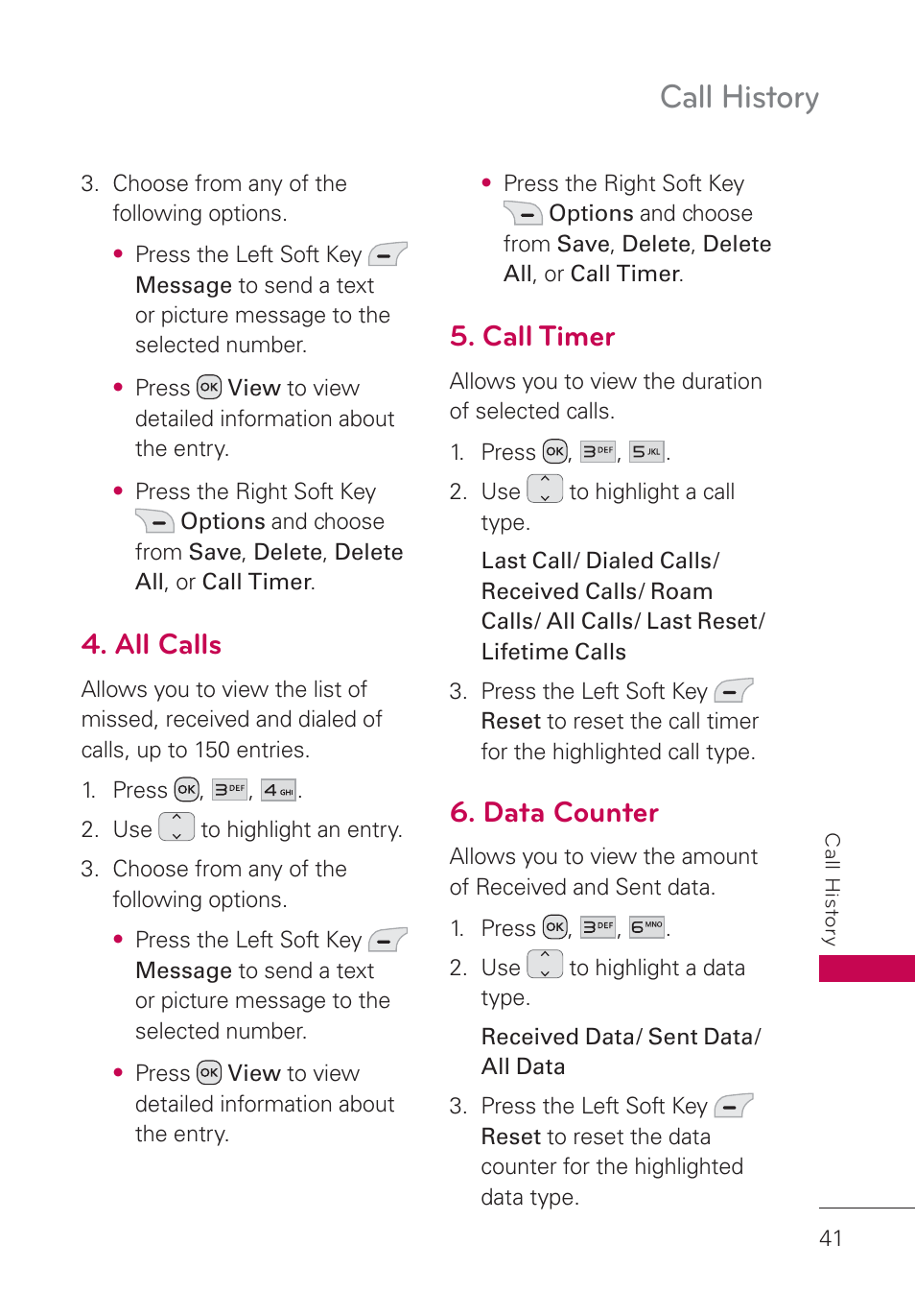 All calls, Call timer, Data counter | Call history | LG UN160 User Manual | Page 43 / 101