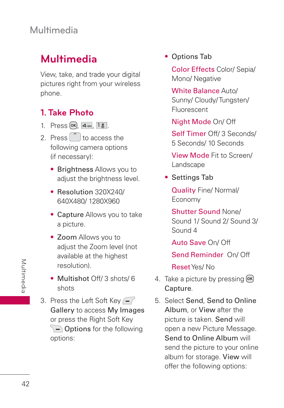 Multimedia, Take photo, Multimedia 42 | LG UN160 User Manual | Page 44 / 101