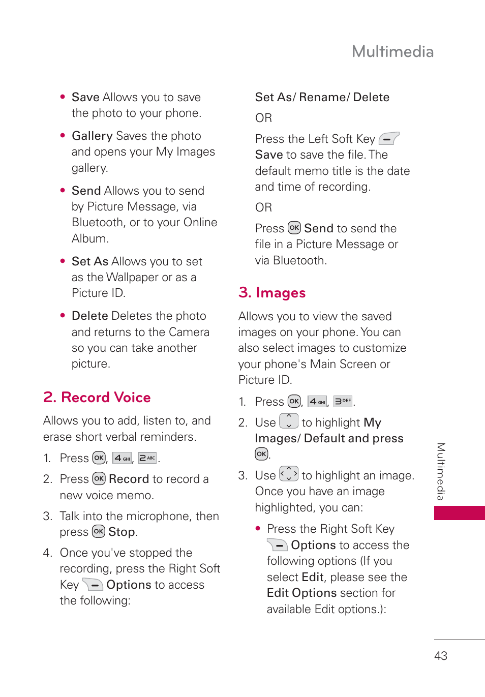 Record voice, Images, Multimedia | LG UN160 User Manual | Page 45 / 101