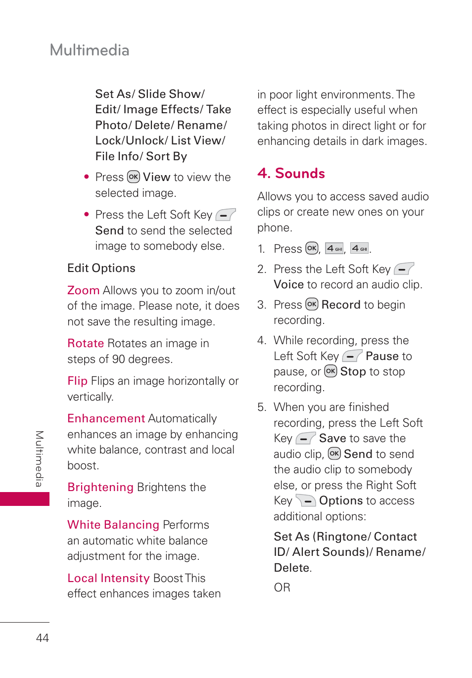 Sounds, Multimedia | LG UN160 User Manual | Page 46 / 101