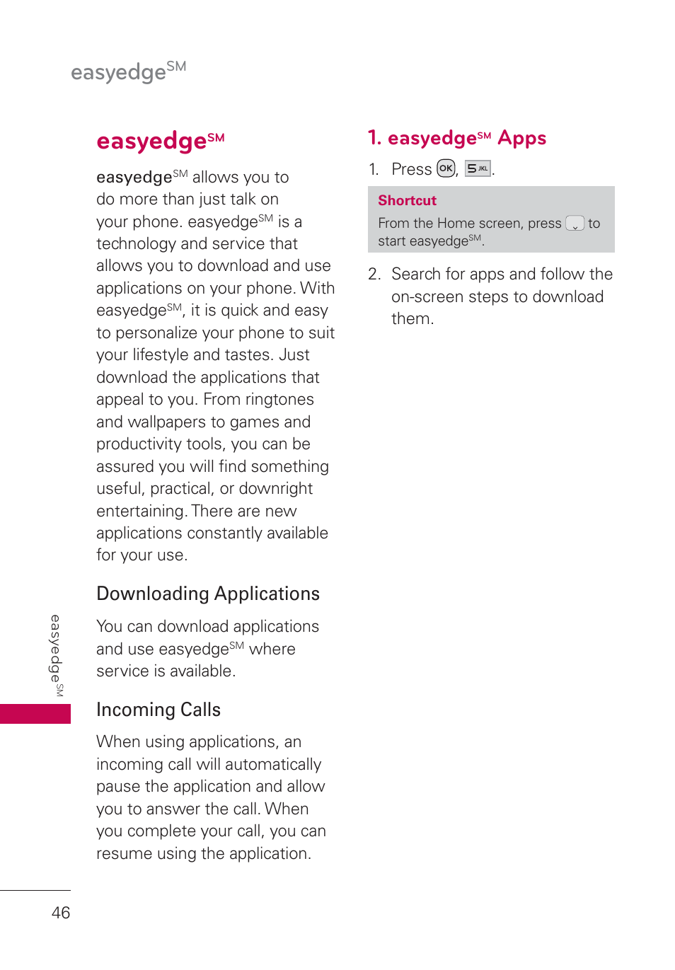 Easyedgesm, Easyedgesm apps, Easyedge | Apps, Downloading applications, Incoming calls | LG UN160 User Manual | Page 48 / 101