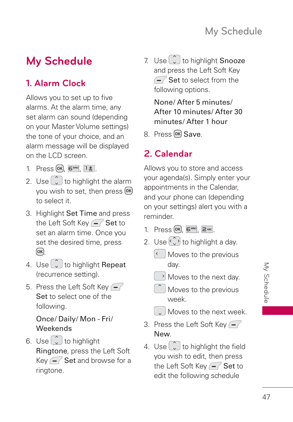 My schedule, Alarm clock, Calendar | LG UN160 User Manual | Page 49 / 101