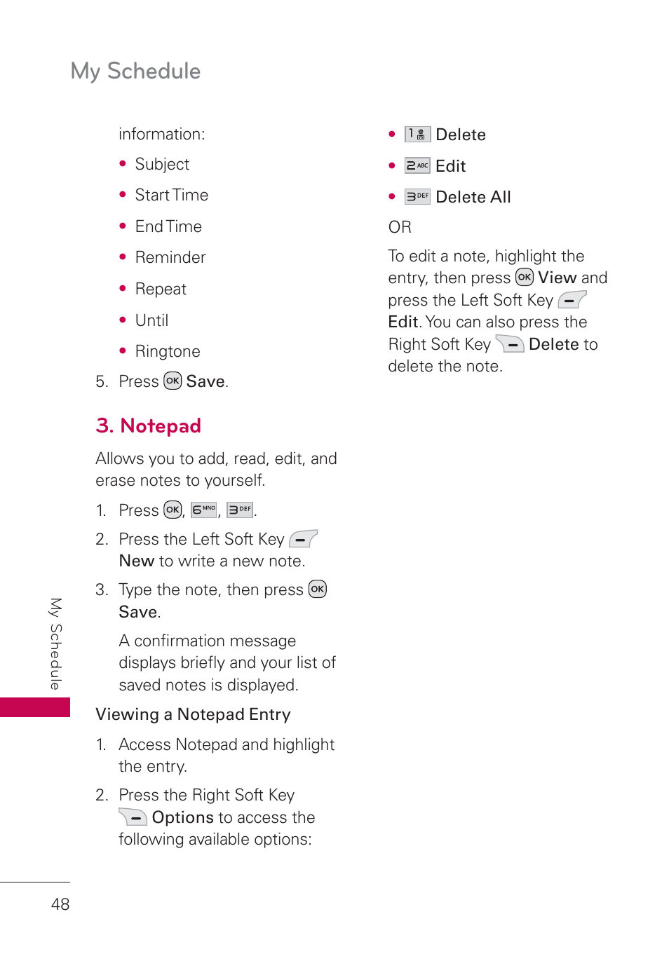 Notepad, My schedule | LG UN160 User Manual | Page 50 / 101