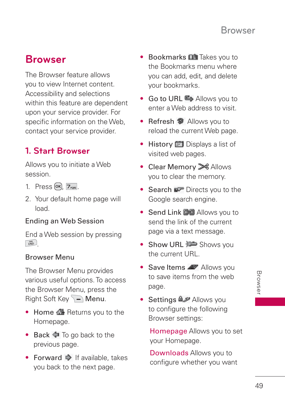 Browser, Start browser, Browser 49 | LG UN160 User Manual | Page 51 / 101