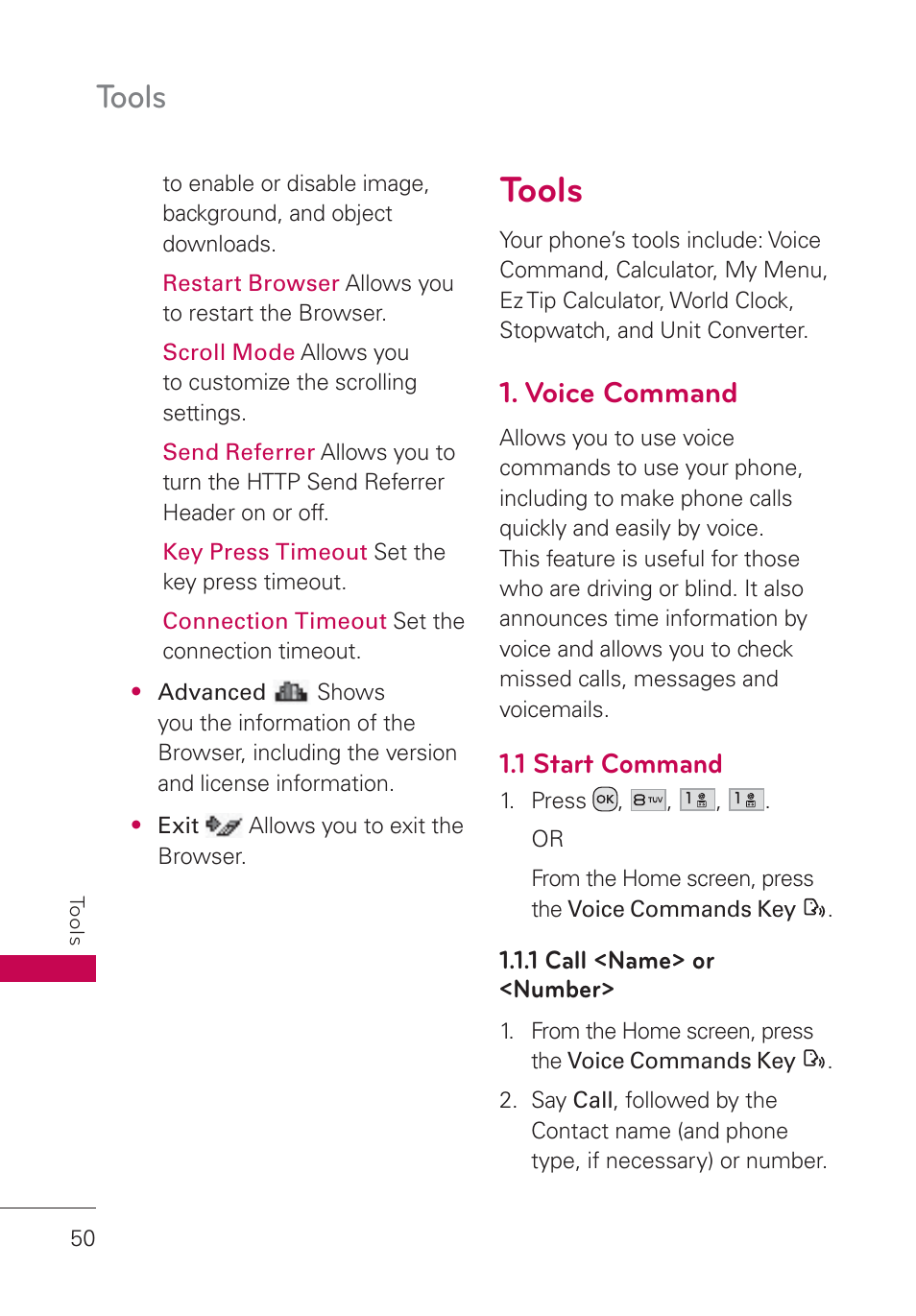 Tools, Voice command, 1 start command | 1 call <name> or <number, Tools 50 | LG UN160 User Manual | Page 52 / 101