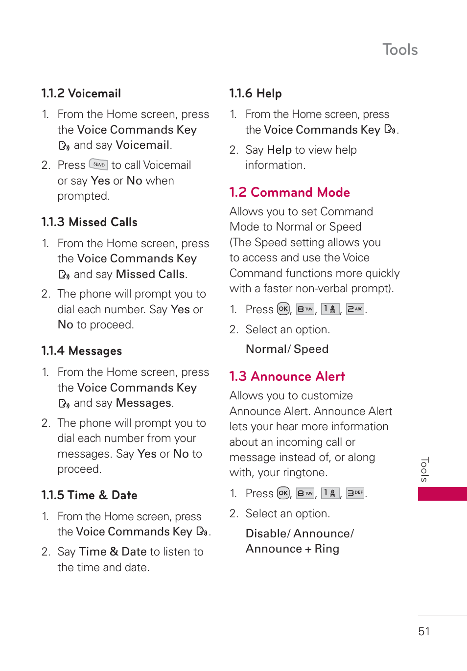 2 voicemail, 3 missed calls, 4 messages | 5 time & date, 6 help, 2 command mode, 3 announce alert, Tools | LG UN160 User Manual | Page 53 / 101