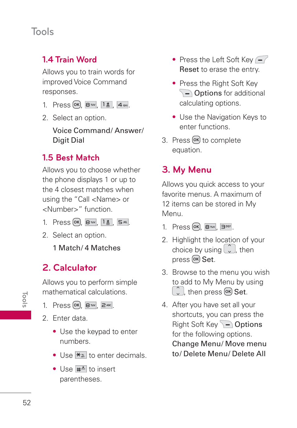 4 train word, 5 best match, Calculator | My menu, Tools | LG UN160 User Manual | Page 54 / 101