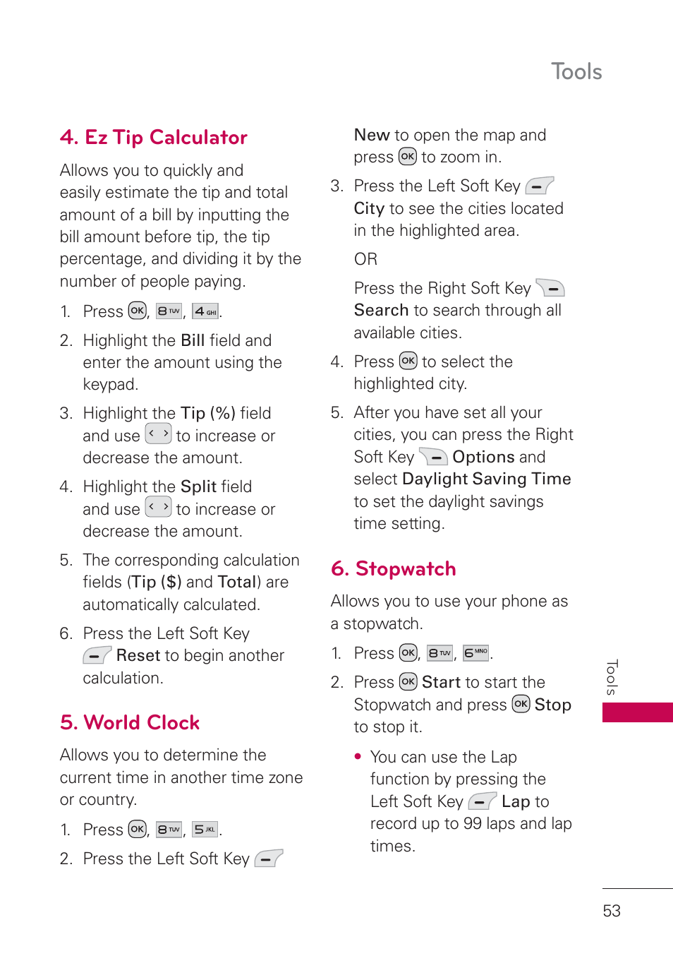 Ez tip calculator, World clock, Stopwatch | Tools | LG UN160 User Manual | Page 55 / 101