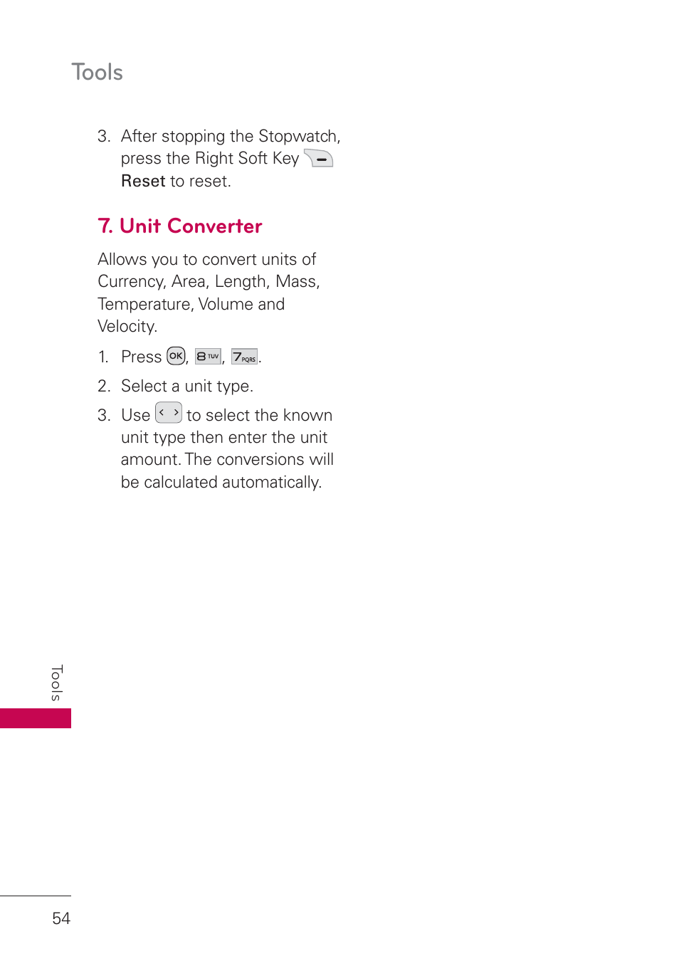 Unit converter, Tools | LG UN160 User Manual | Page 56 / 101