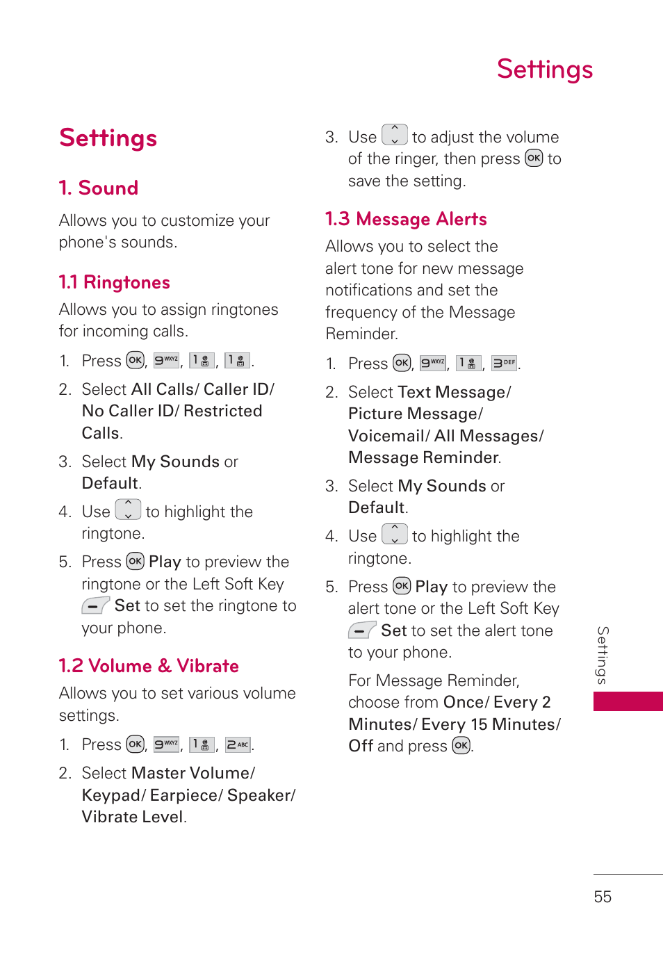 Settings, Sound, 1 ringtones | 2 volume & vibrate, 3 message alerts, Settings 55 | LG UN160 User Manual | Page 57 / 101