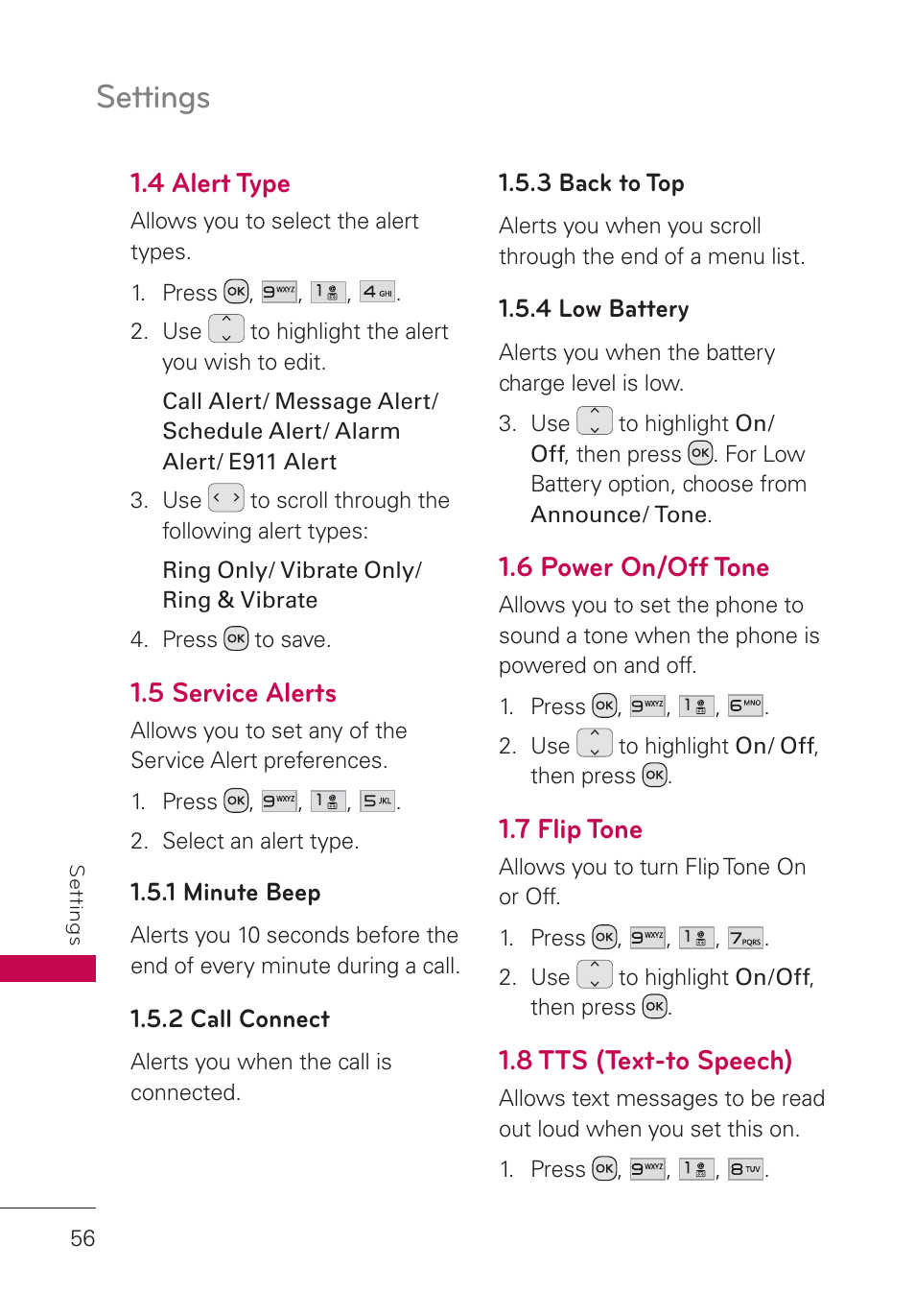 4 alert type, 5 service alerts, 6 power on/off tone | 7 flip tone, 8 tts (text-to speech), Settings | LG UN160 User Manual | Page 58 / 101