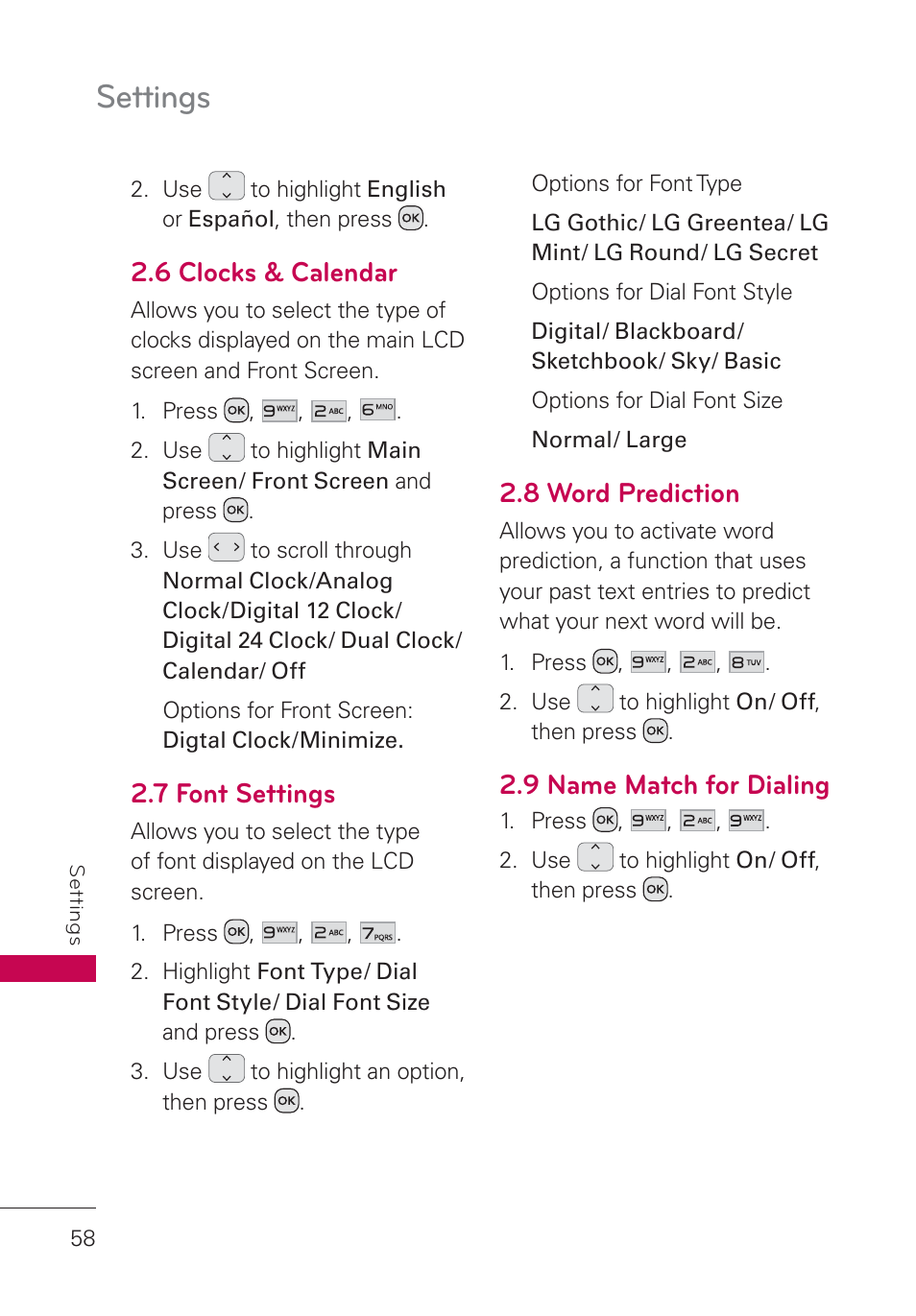 6 clocks & calendar, 7 font settings, 8 word prediction | 9 name match for dialing, Settings | LG UN160 User Manual | Page 60 / 101