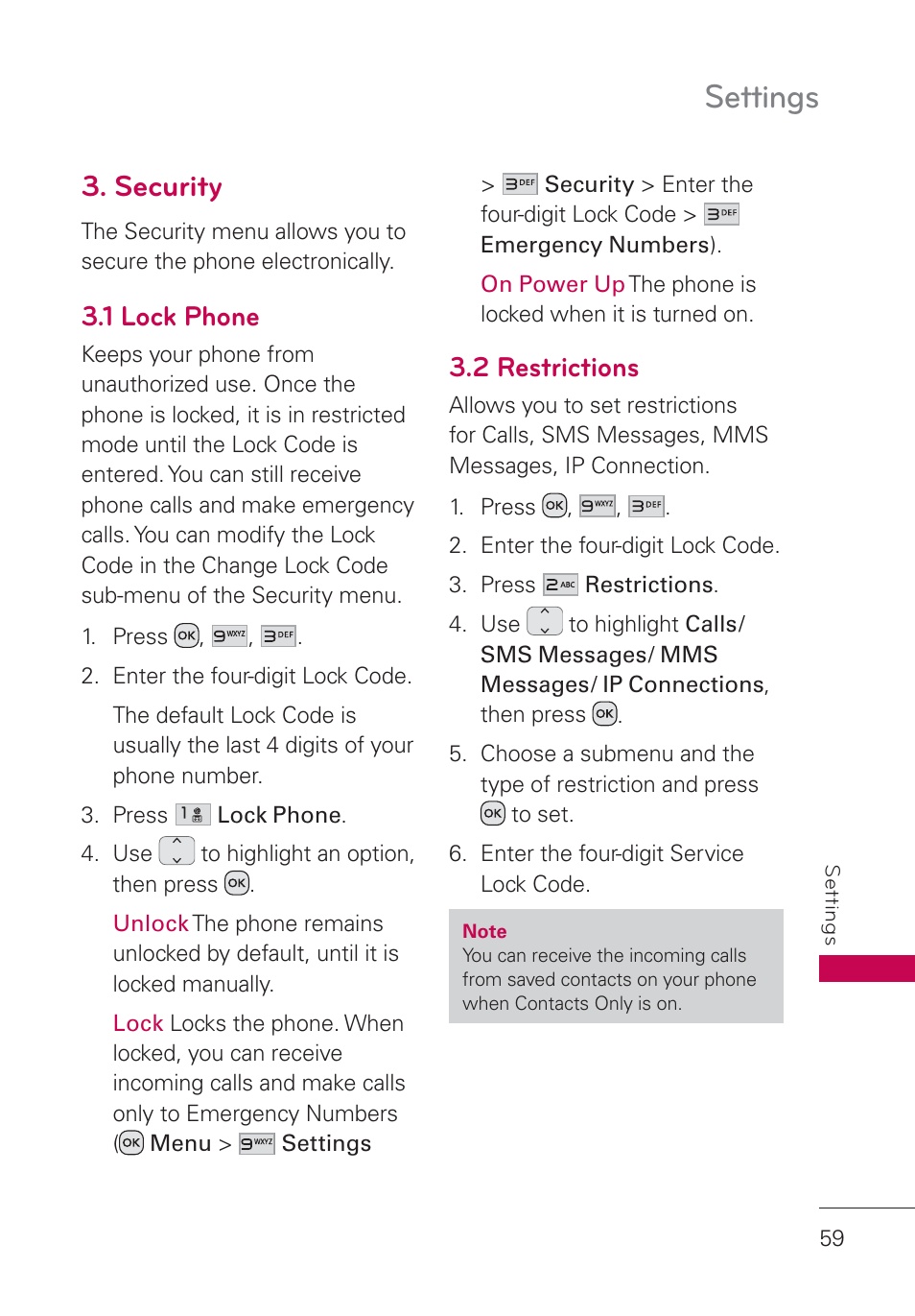 Security, 1 lock phone, 2 restrictions | Settings | LG UN160 User Manual | Page 61 / 101