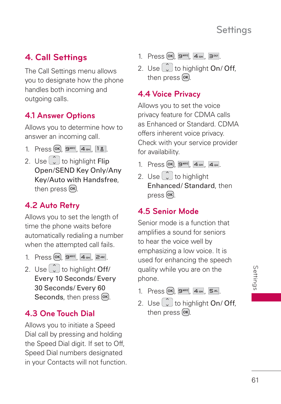 Call settings, 1 answer options, 2 auto retry | 3 one touch dial, 4 voice privacy, 5 senior mode, Settings | LG UN160 User Manual | Page 63 / 101