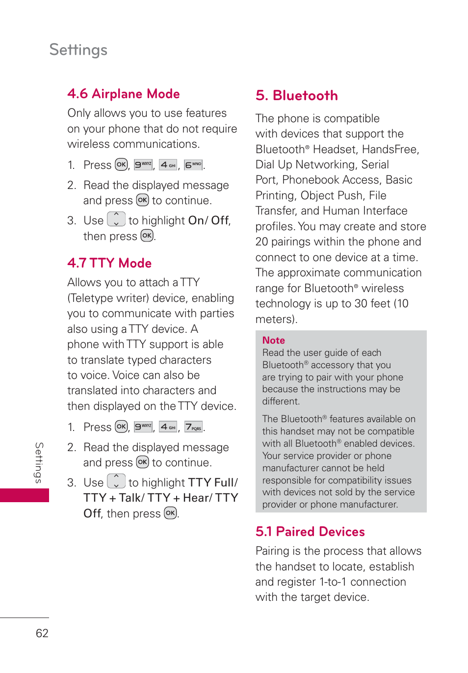 6 airplane mode, 7 tty mode, Bluetooth | 1 paired devices, Settings | LG UN160 User Manual | Page 64 / 101