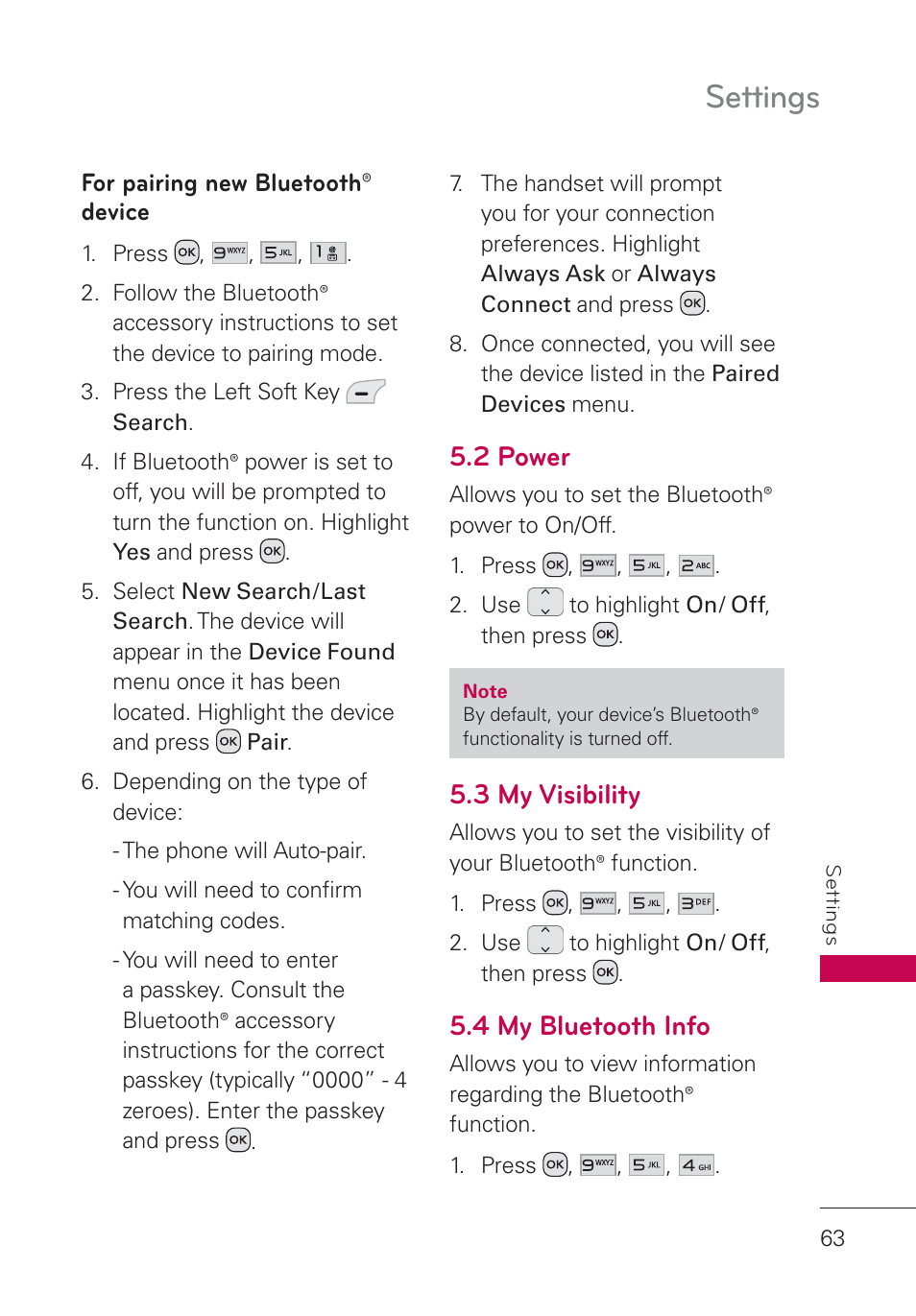 2 power, 3 my visibility, 4 my bluetooth info | Settings | LG UN160 User Manual | Page 65 / 101