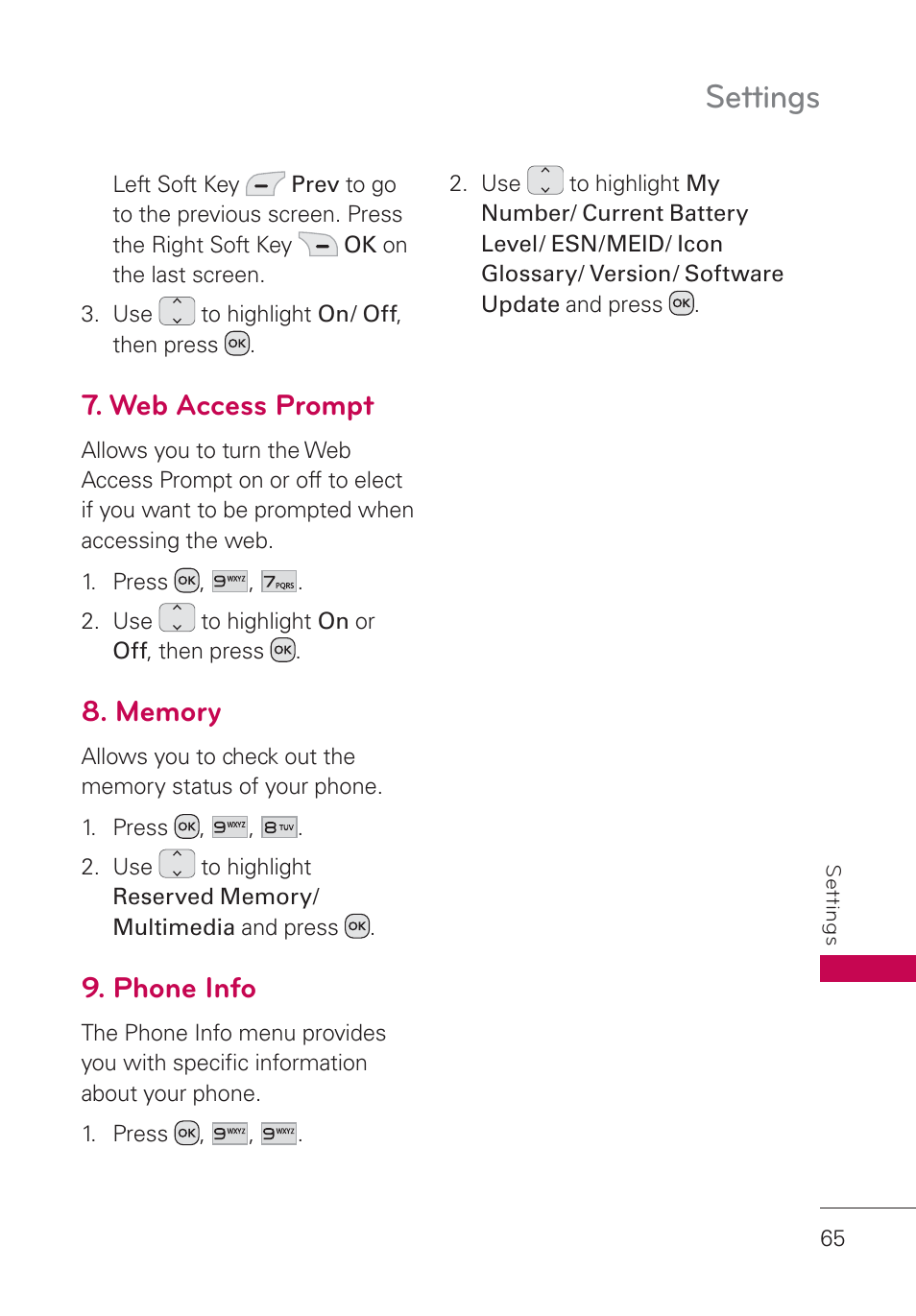 Web access prompt, Memory, Phone info | Settings | LG UN160 User Manual | Page 67 / 101