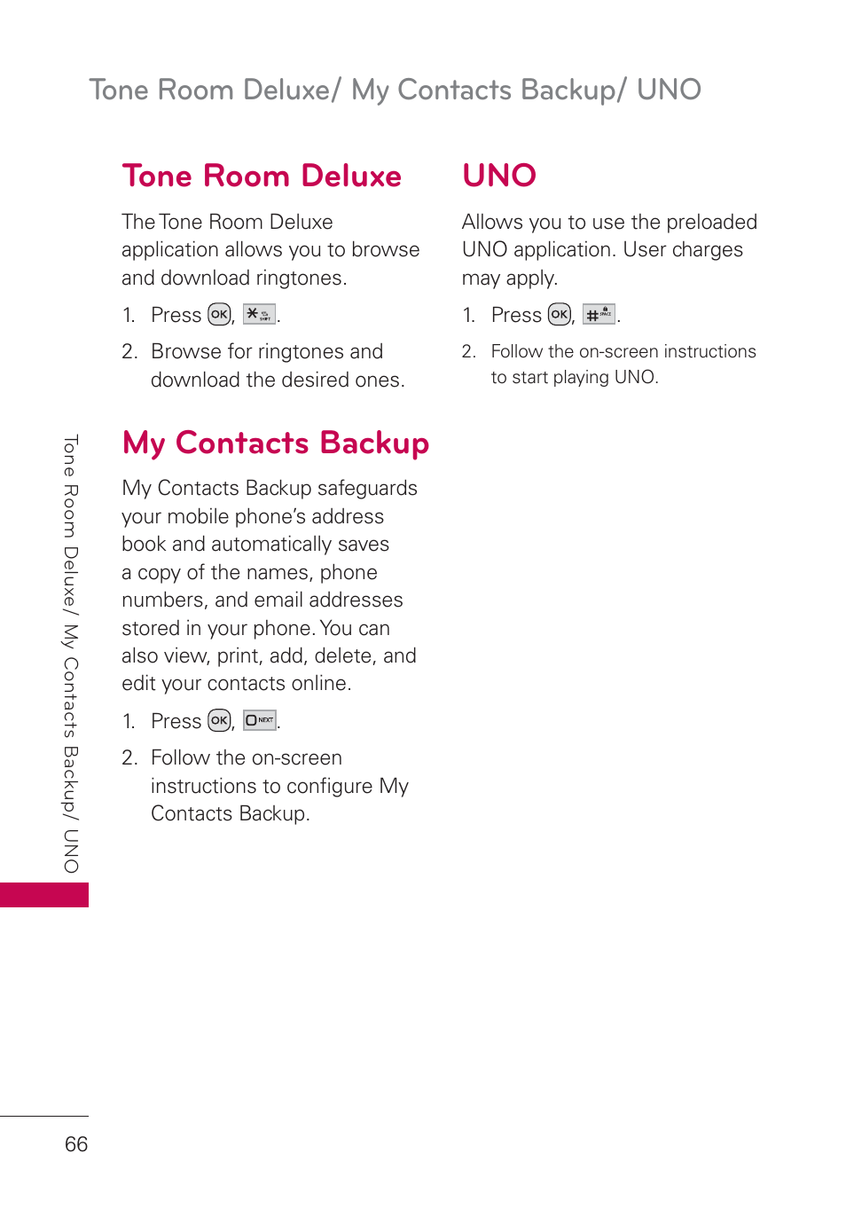 Tone room deluxe, My contacts backup, Uno 66 | Tone room deluxe/ my contacts backup/ uno | LG UN160 User Manual | Page 68 / 101