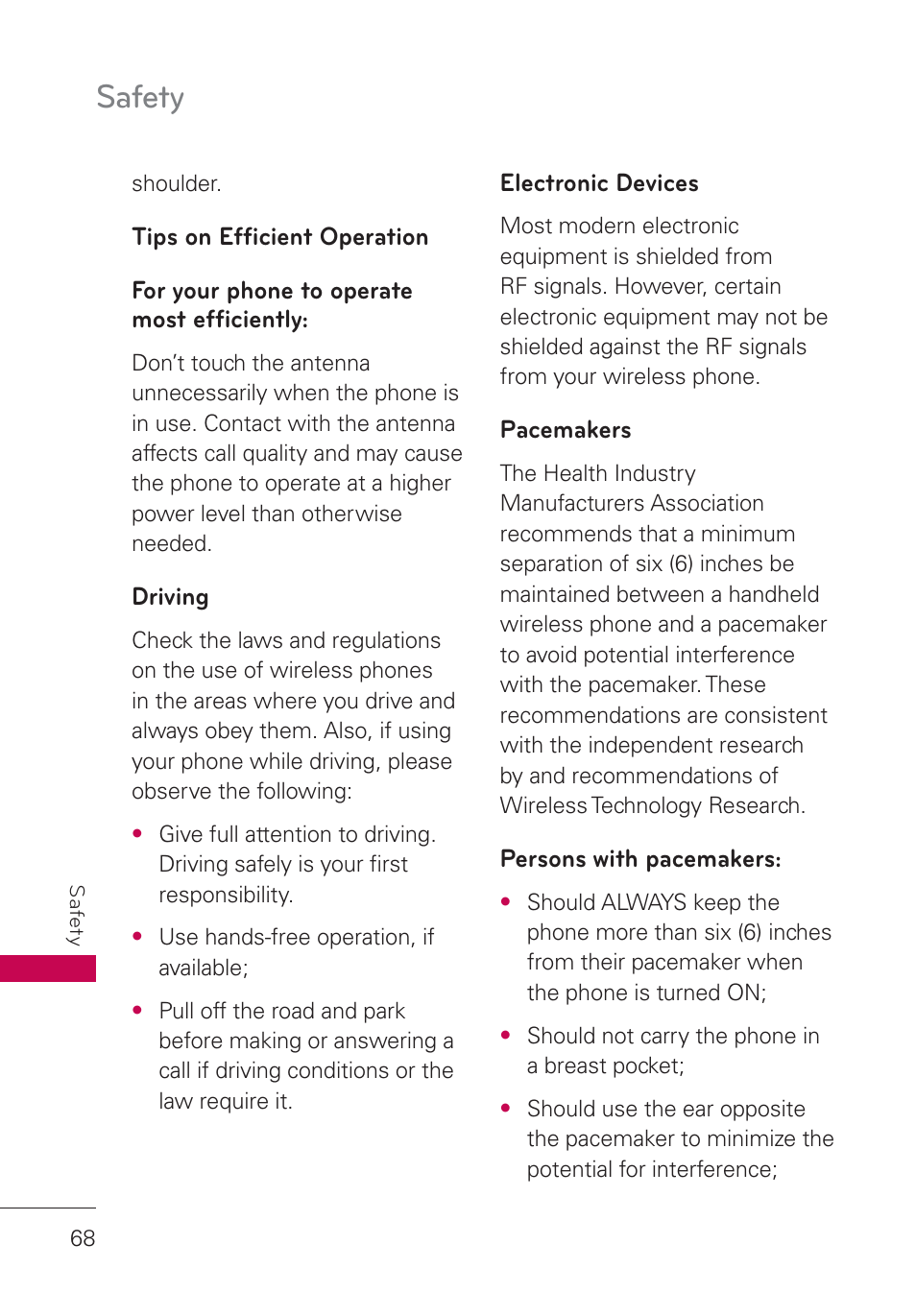 Tips on efficient operation, For your phone to operate most efficiently, Driving | Electronic devices, Pacemakers, Persons with pacemakers, Tips on efﬁcient operation, For your phone to operate most, Efﬁciently, Safety | LG UN160 User Manual | Page 70 / 101