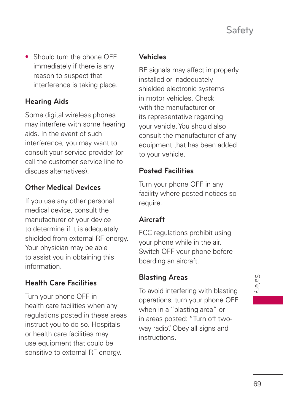 Hearing aids, Other medical devices, Health care facilities | Vehicles, Posted facilities, Aircraft, Blasting areas, Safety | LG UN160 User Manual | Page 71 / 101