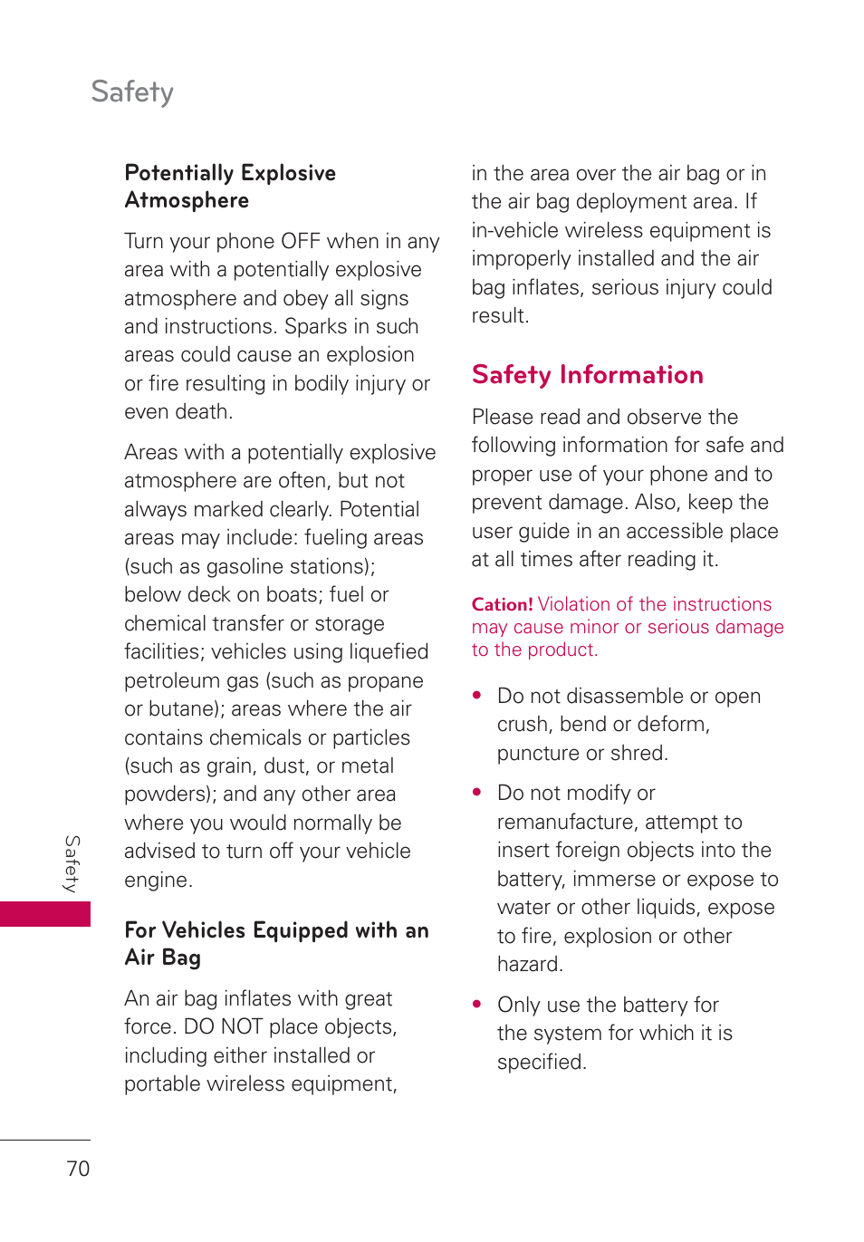 Potentially explosive atmosphere, For vehicles equipped with an air bag, Safety information | For vehicles equipped with, An air bag, Safety | LG UN160 User Manual | Page 72 / 101