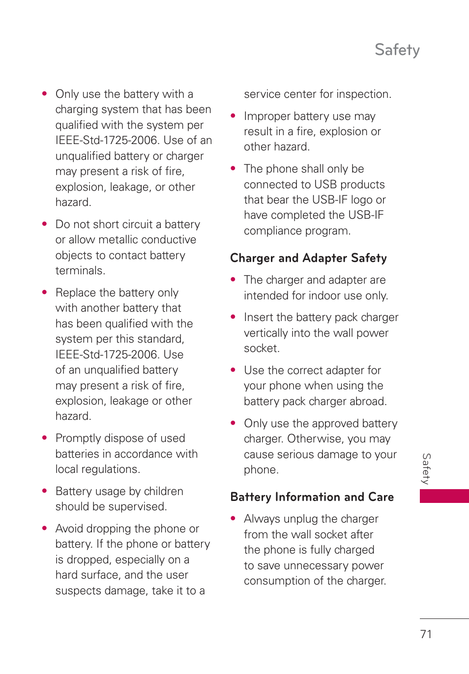 Charger and adapter safety, Battery information and care, Safety | LG UN160 User Manual | Page 73 / 101