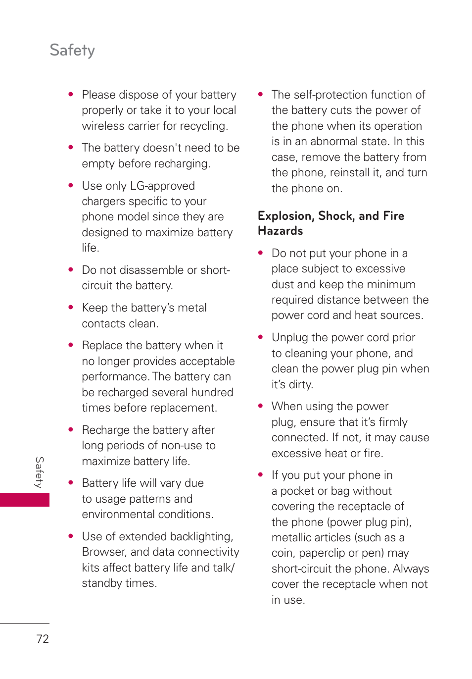 Explosion, shock, and fire hazards, Explosion, shock, and fire hazards 72, Safety | LG UN160 User Manual | Page 74 / 101