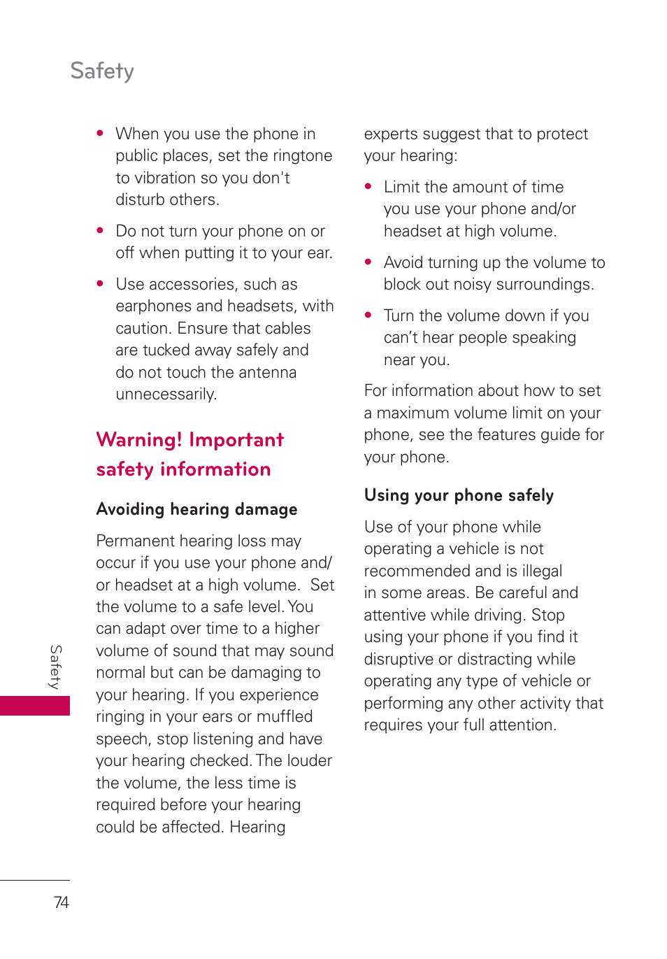 Warning! important safety information, Avoiding hearing damage, Using your phone safely | Safety | LG UN160 User Manual | Page 76 / 101