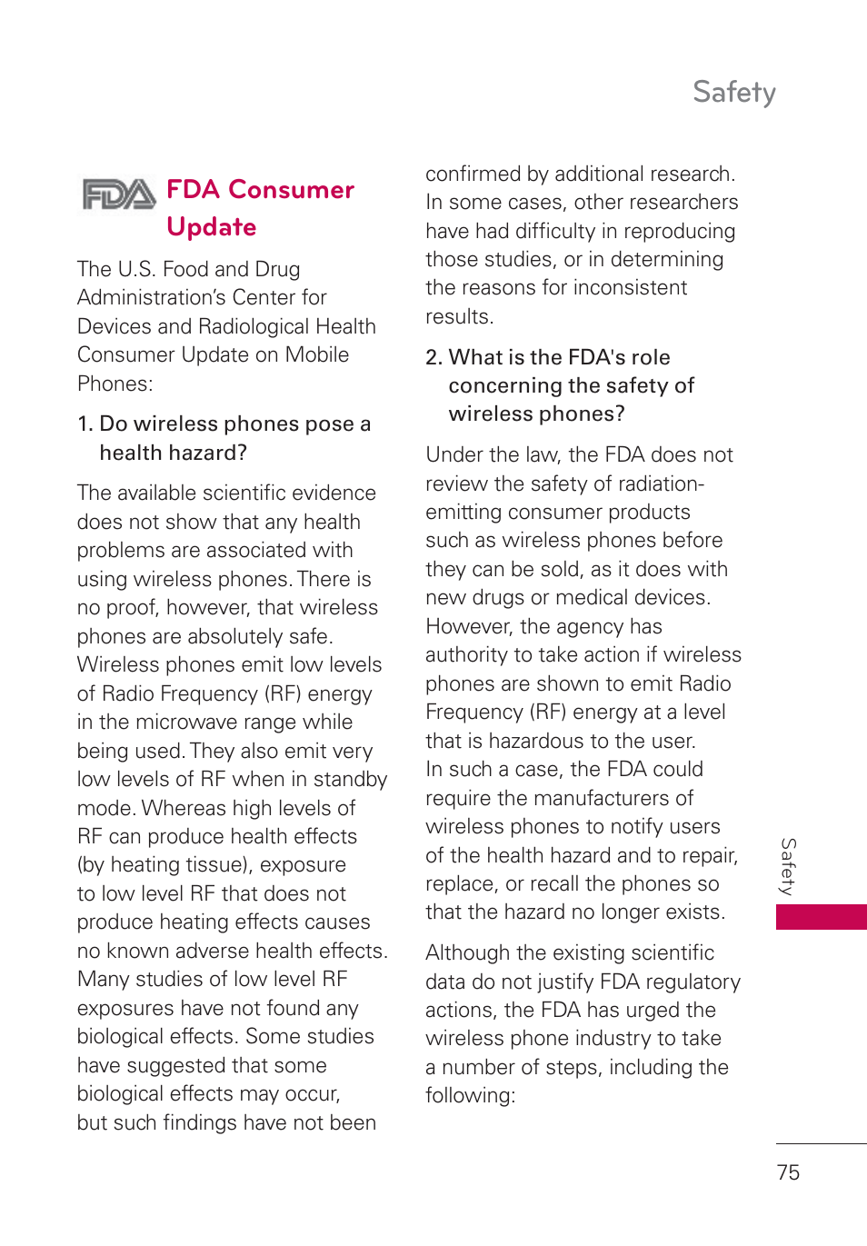 Fda consumer update, Safety | LG UN160 User Manual | Page 77 / 101