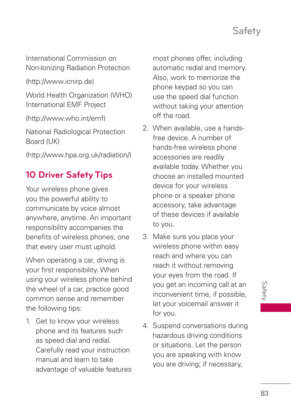 10 driver safety tips, Safety | LG UN160 User Manual | Page 85 / 101