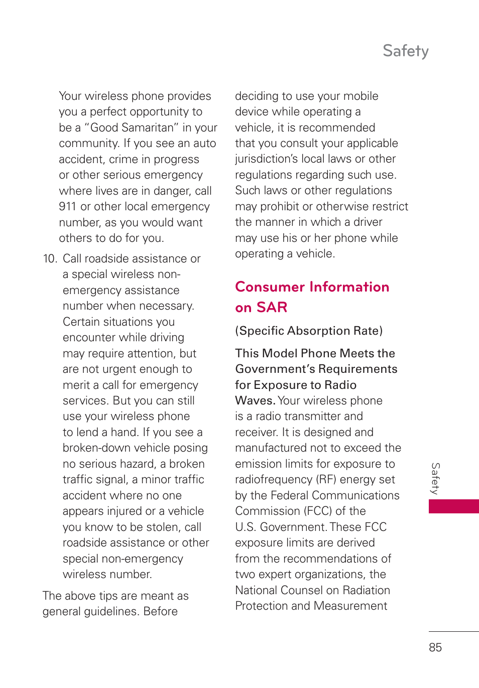 Consumer information on sar, Safety | LG UN160 User Manual | Page 87 / 101