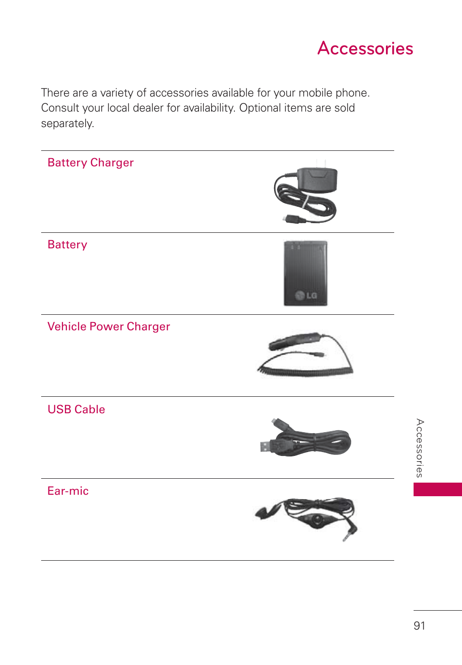 Accessories, Accessories 91 | LG UN160 User Manual | Page 93 / 101